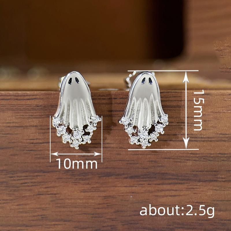 Huitan Halloween Stud Earrings Ghost Design Cute Festival Silver Color Jewelry Inlaid Shiny CZ Spooky Party Accessories Gift