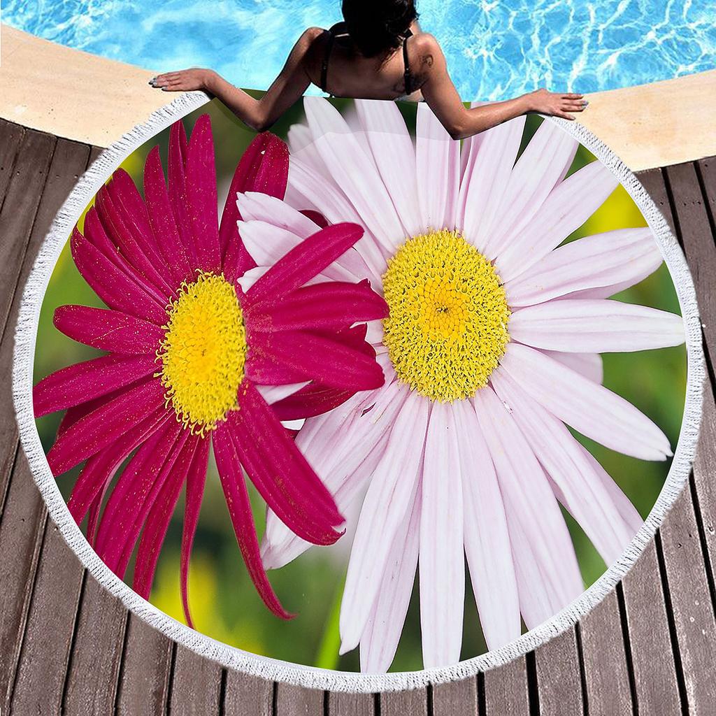 Floral Daisy Round Beach Towel,Microfiber Beach Blanket Sand Free Quick Dry Swim Pool Bath Circle Towel with Tassel for Teen Men