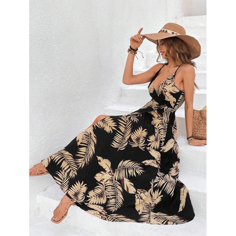 Tropical Print High Slit Strap Dress - European & American Style