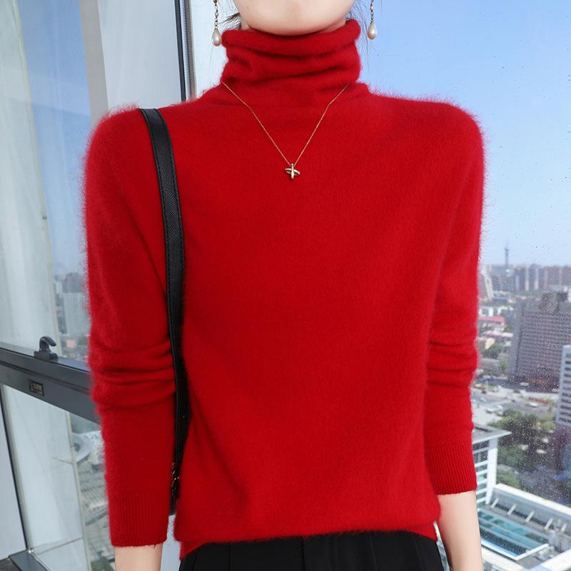 Women's Mink Cashmere Turtleneck Sweater - Short-Sleeved, Loose Fit, Autumn/Winter Warm Knitwear