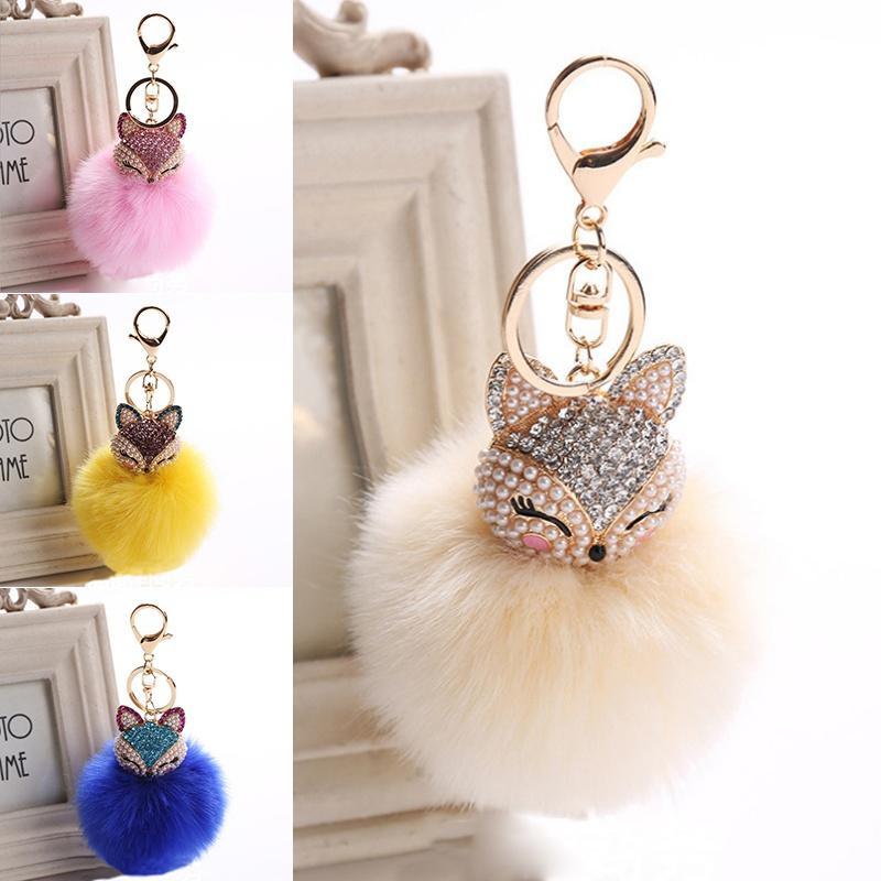 Cute Mini Fur Ball Keychain Handmade Fluffy Fur Pompom Ball Inlaid Rhinestone La