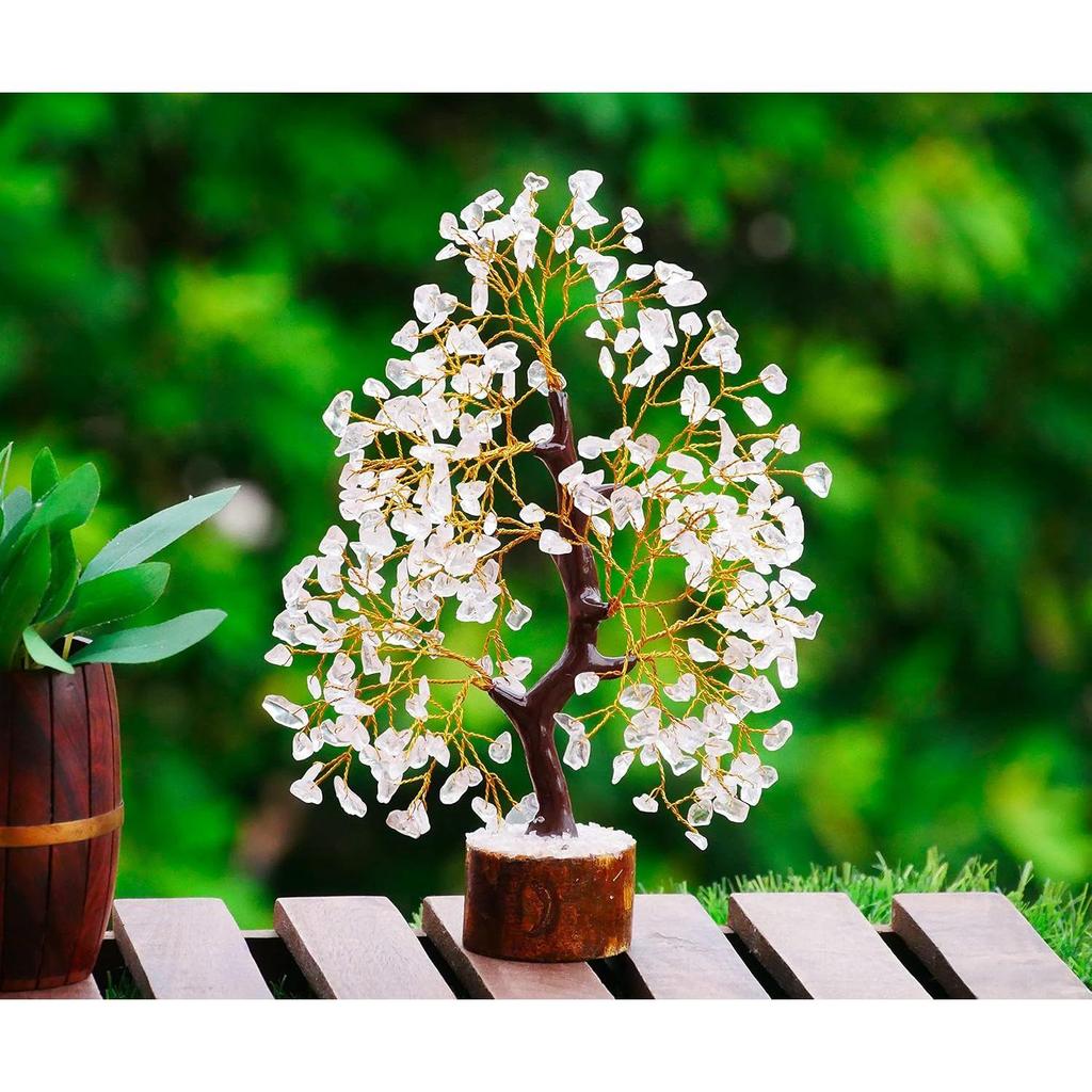 Seven Chakra Crystal Gemstone Bonsai Money Tree with Golden Wire and 300 Beads Figurine Standard Size - Clear Quartz, 1 Piece