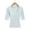 Women's Scoop Neck 3/4 Sleeve Slim Fit T Shirt Solid Color Basic Crop Top Casual Tee