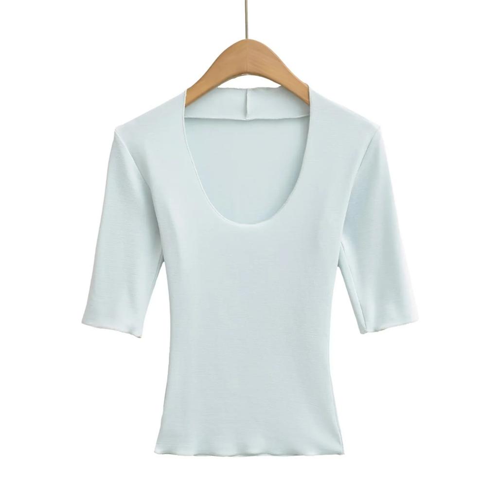 Women's Scoop Neck 3/4 Sleeve Slim Fit T Shirt Solid Color Basic Crop Top Casual Tee