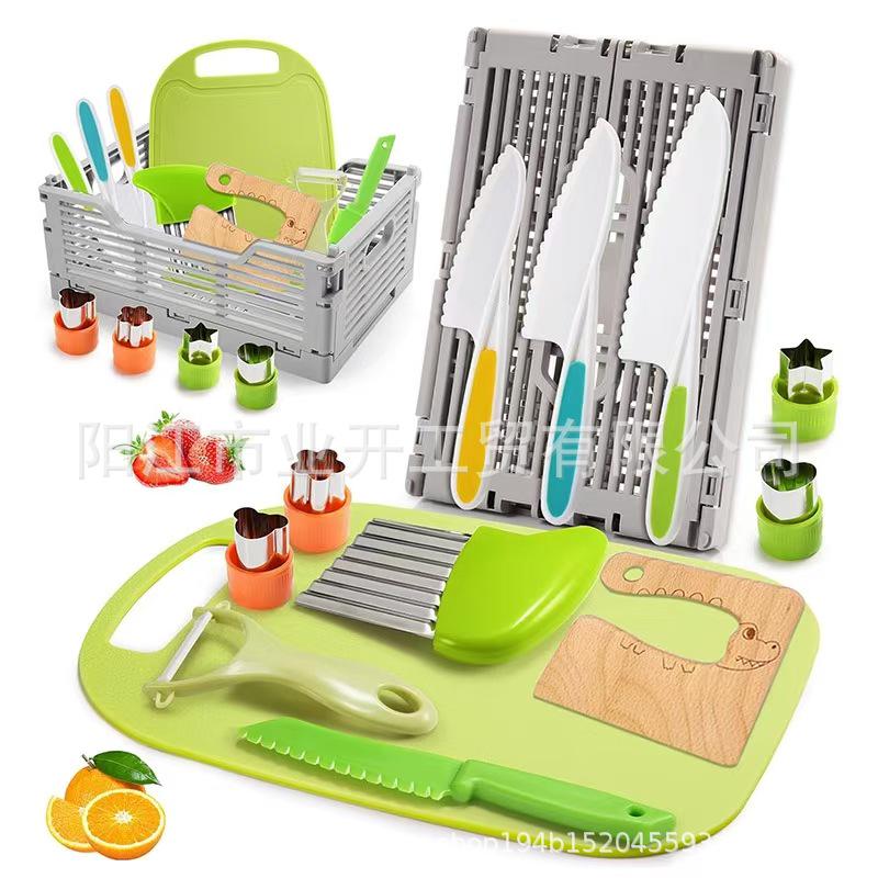 Kids' Safe Fruit Knife Set for Early Education with Folding Plastic Storage Basket