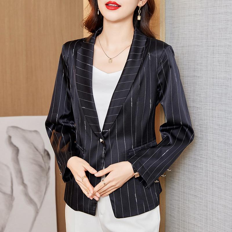 

Шелковый маленький блейзер женский весна и лето новый темперамент профессиональная одежда тонкий шелк тутовый полосатый костюм XXL чёрный