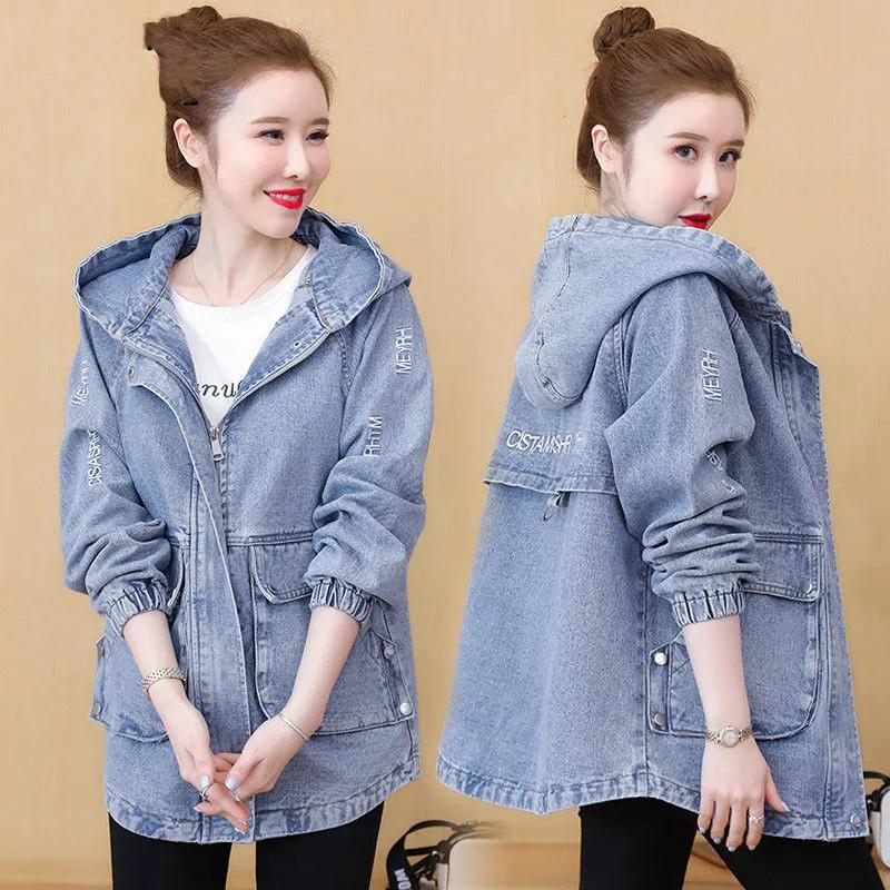 Women's Spring Korean Style Alphabet Embroidered Mid-Length Soft Denim Jacket Loose Oversized Hooded Casual Windbreaker