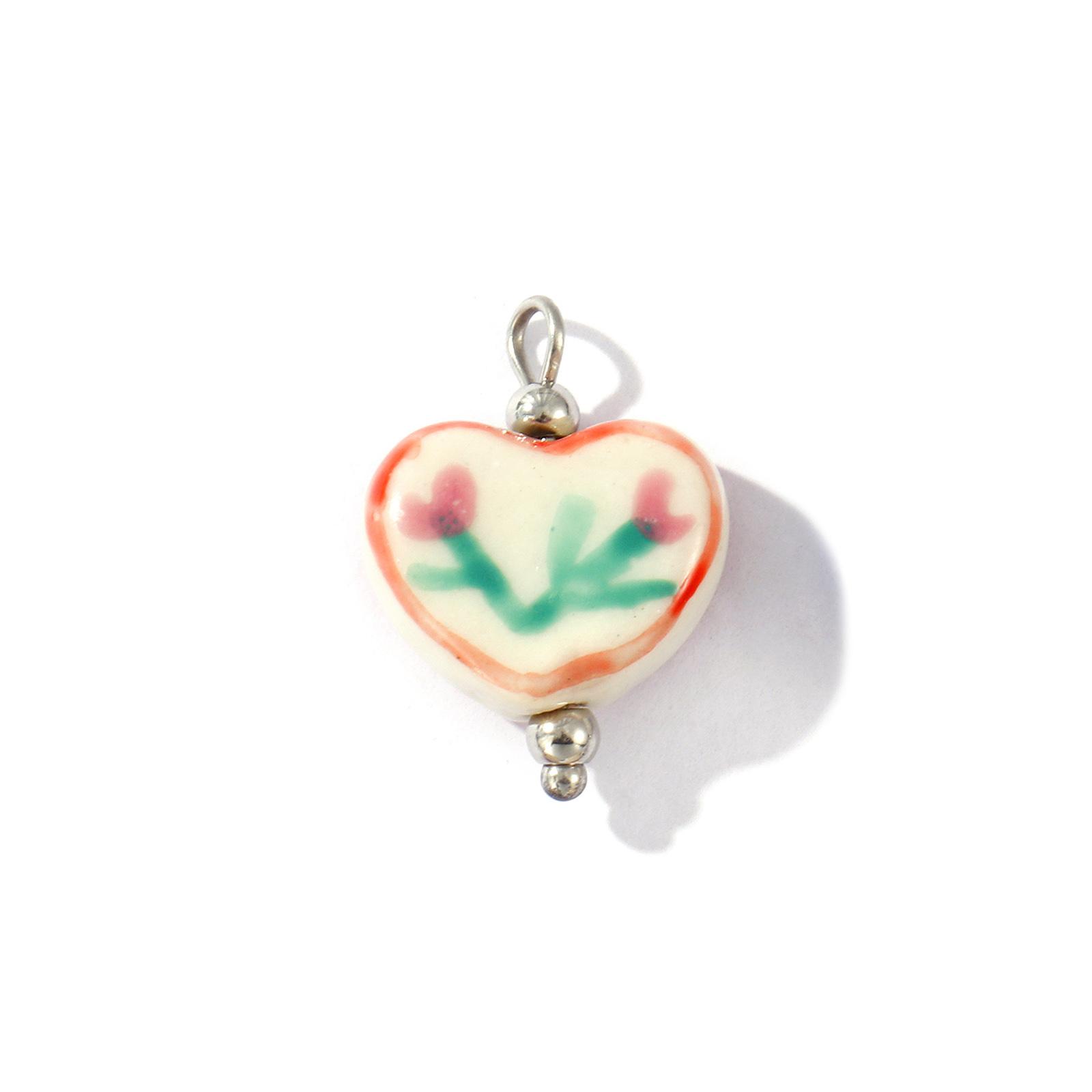 

2Pcs Resin Double-Sided Charms Heart Painted Flower Strawberry 304 Stainless Steel Pendants For DIY Necklace Making 21mmx15mm
