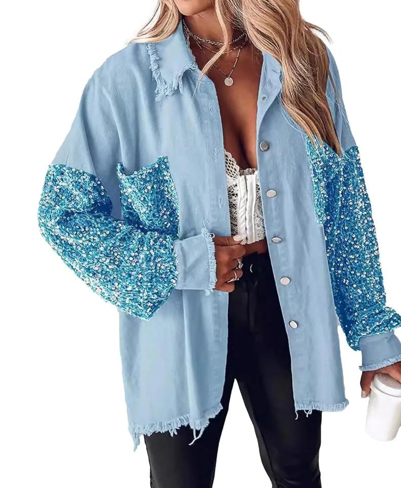 Damen Pailletten Patchwork Langarm Denim Hemdjacke Oversized Revers Knopfleiste Roher Saum Streetwear Coole Oberbekleidung S blau