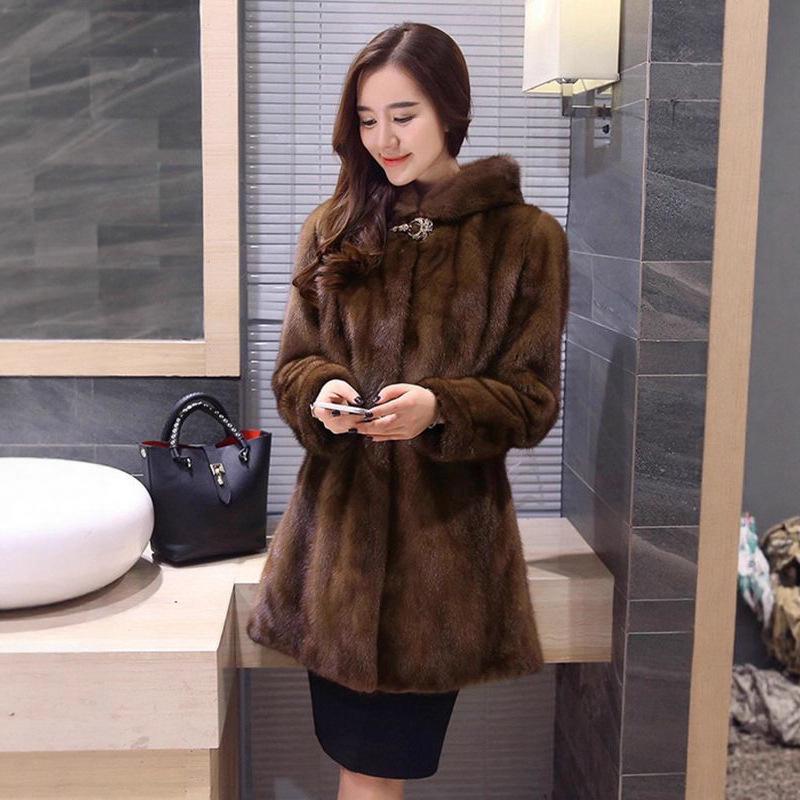 Women's Long Hooded Faux Mink Fur Coat - High-End Thickened Design