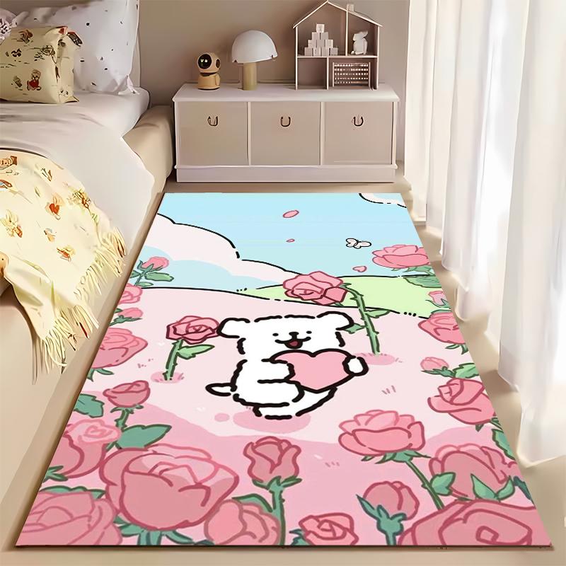 Cartoon Bear with Heart and Pink Roses Pastel Color Carpet Decor Suitable for Use As an Anti-slip for Living Room Bedroom Sofas
