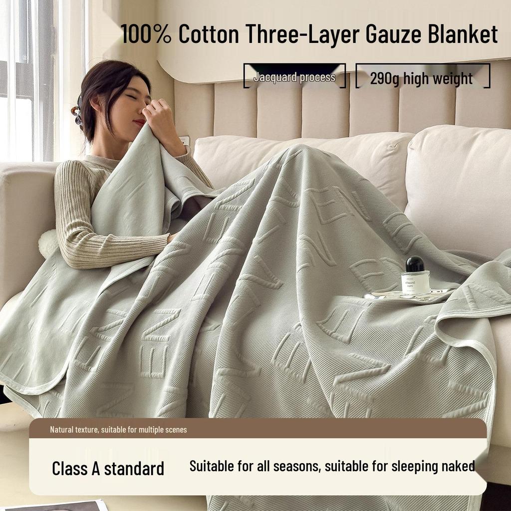 Class A Pure Cotton Three-Layer Gauze Blanket: Summer Cool, All-Season Jacquard Nap & Air Conditioning Quilt