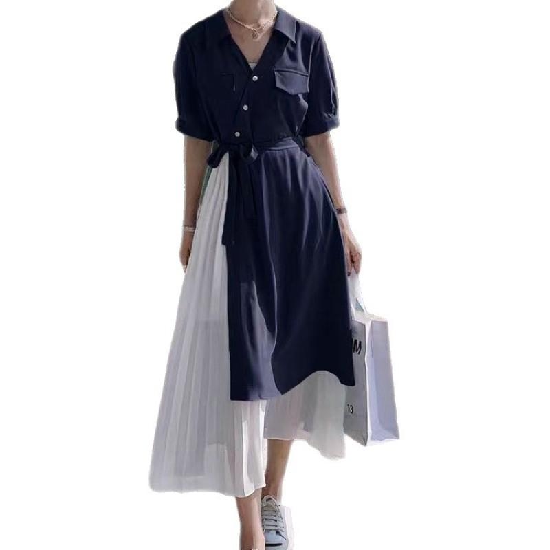 Summer new shirt short-sleeved dress high-end thin waist design sense niche a-word long dress women
