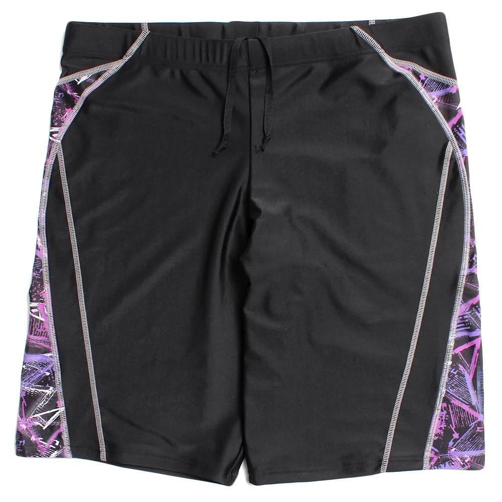 One Colors Men's Fitness Swimsuit, Competition Swimsuit, Plus Size Swim Trunks with Side Stripes, Size 4L, Black and Purple with Charcoal Stitching