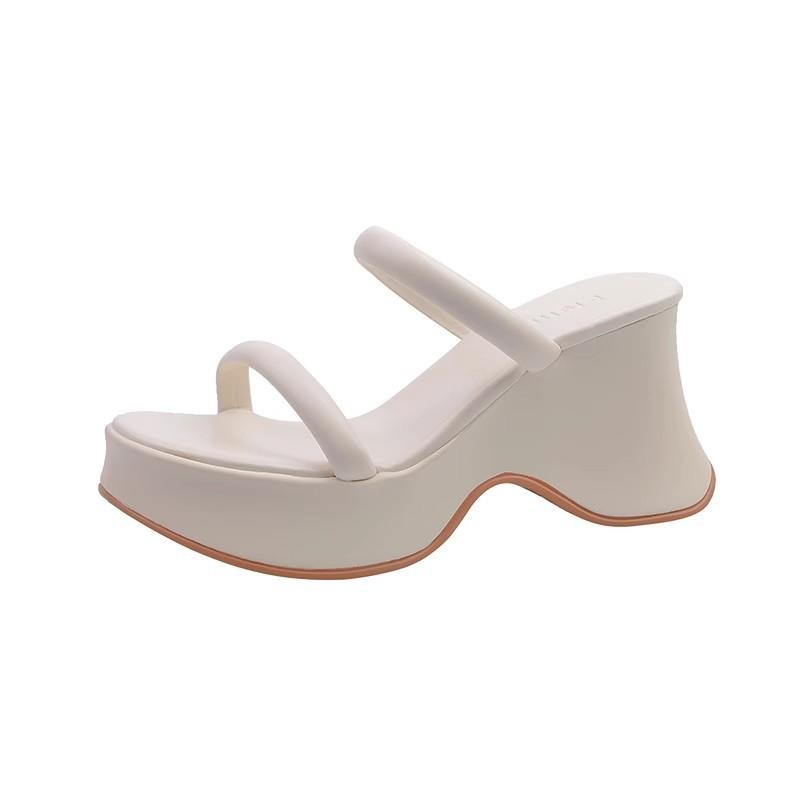 Thick-soled Heightening One-word Cool Slippers for Women's Summer Outer Wear New Simple Small Versatile High-heeled Sandals