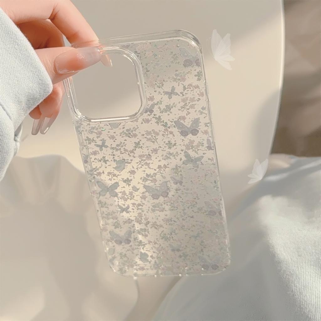 Spring Flowers Suitable for Apple 17promax Mobile Phone Case 16 Glitter Pink Purple Butterfly Iphone14 Transparent 13