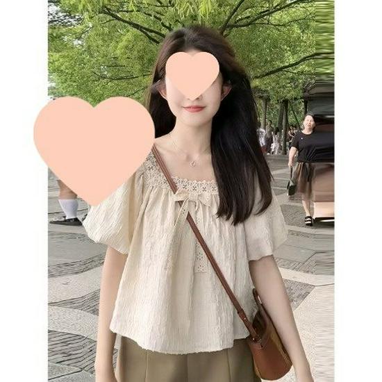 

Летний топ из шифона с французским кружевом и рукавами-буфами для миниатюрных женщин L абрикосовый