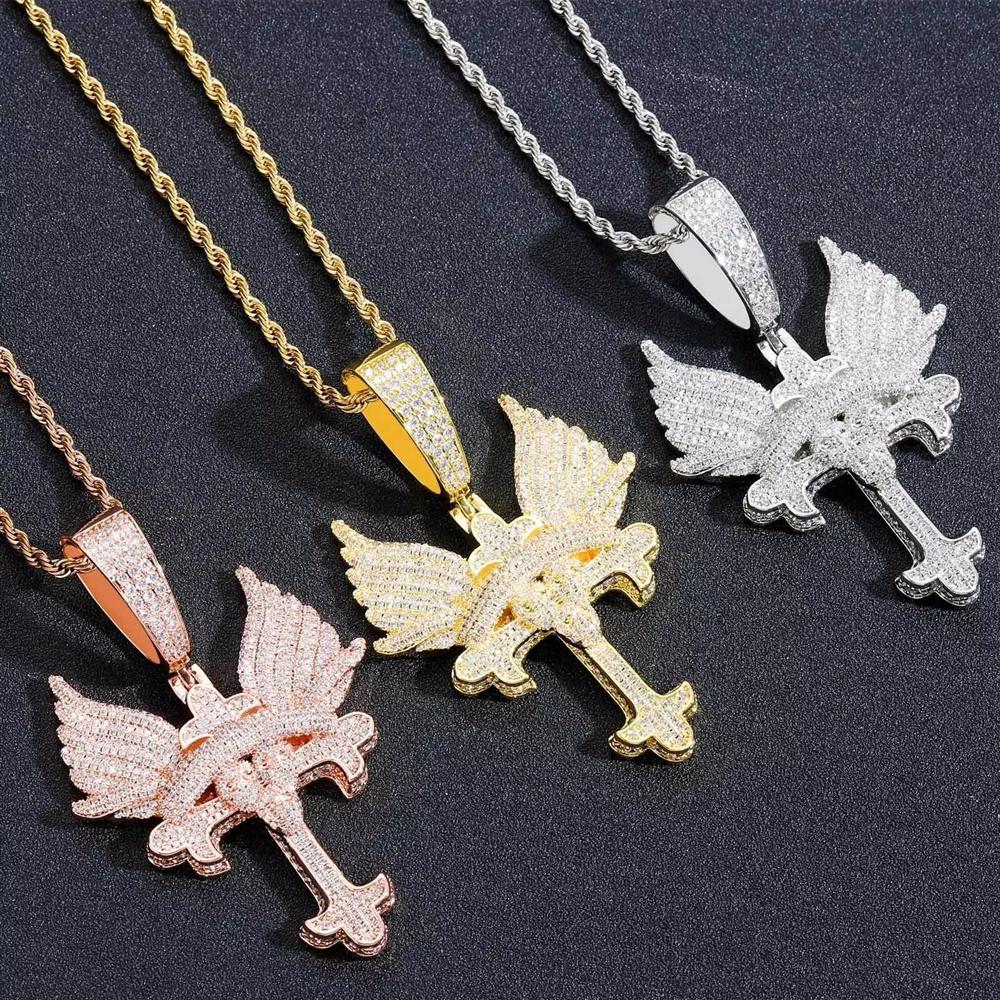 Sparkling Iced Out CZ Wing Pendant Bling Chain Necklace Men Hip Hop Solid Retro Design Luxury Statement Fashion Jewelry