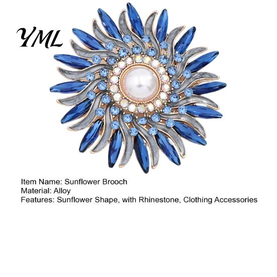 Shirt Lapel Pin Retro Rhinestone Sunflower Brooch Pin, Floral with Faux Parties Pearl, Metal Flower Badge for Women, Clothing Accessories Decorative