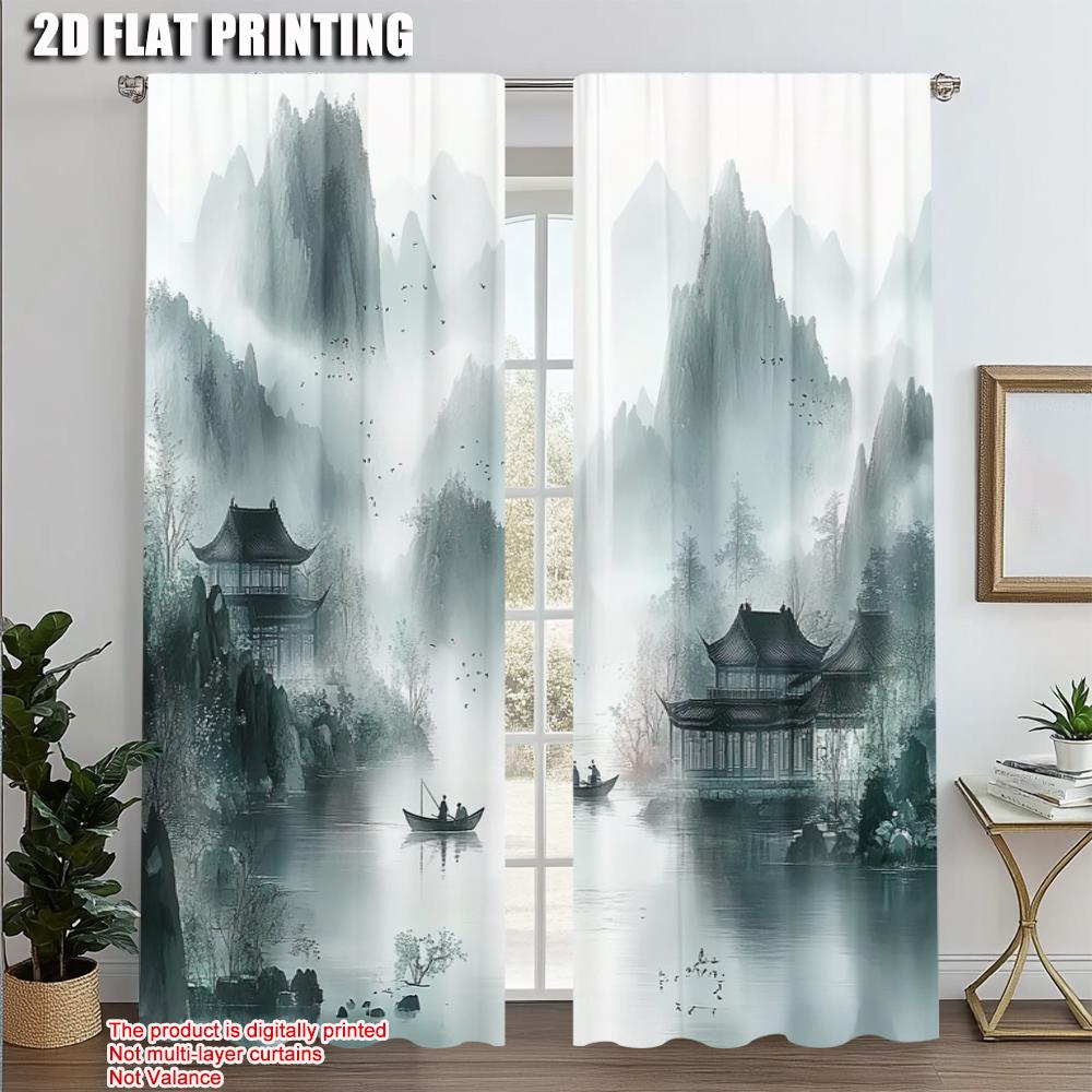 2pcs   Pattern Curtains  print Chinese Ink Landscape 100% Polyester (without rod) Home Decor Use for Living Room   Semi-Sheer