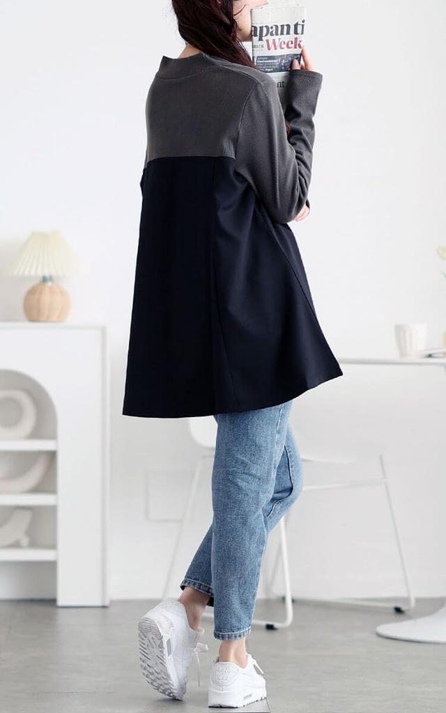 Gold Japan Plus Size Long Stretch Winter Charcoal Women's Tunic, Sleeve, V-Neck, Docking, Bustier, Ribbed, Outfit, Fall/Winter/Spring, Maru-30093, 4L,