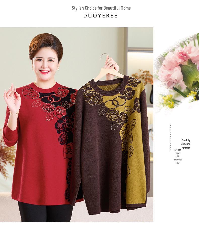 Plus Size Round Neck Wool Pullover for Overweight Middle-Aged and Elderly Women - Extra Wide Base Layer Knitwear for Autumn/Winter
