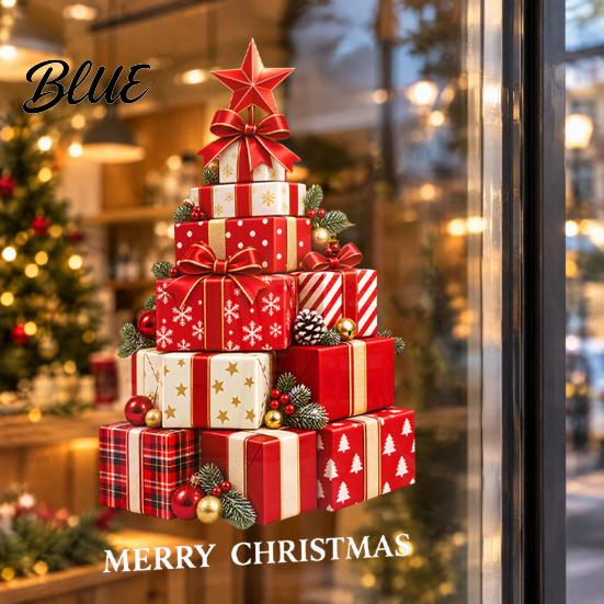 No Adhesive Christmas Stickers Stacked Gift Boxes Tree Window Cling Creative Static Sticker with Colorful Holiday Glass Decals Balls and Pine