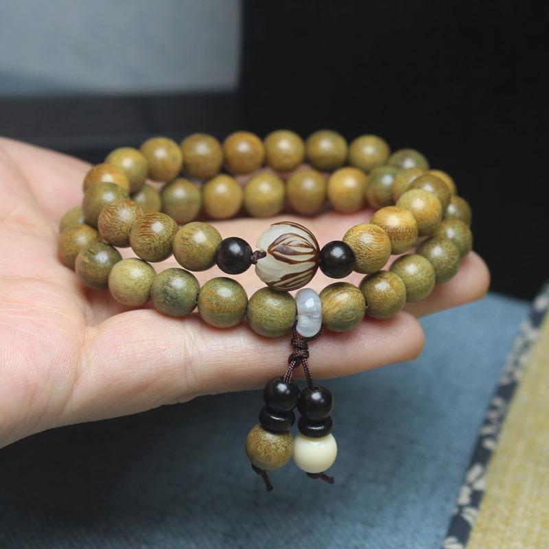 Double Strand Green Sandalwood Lotus Beaded Bracelet Unisex Handheld Wooden Ornament