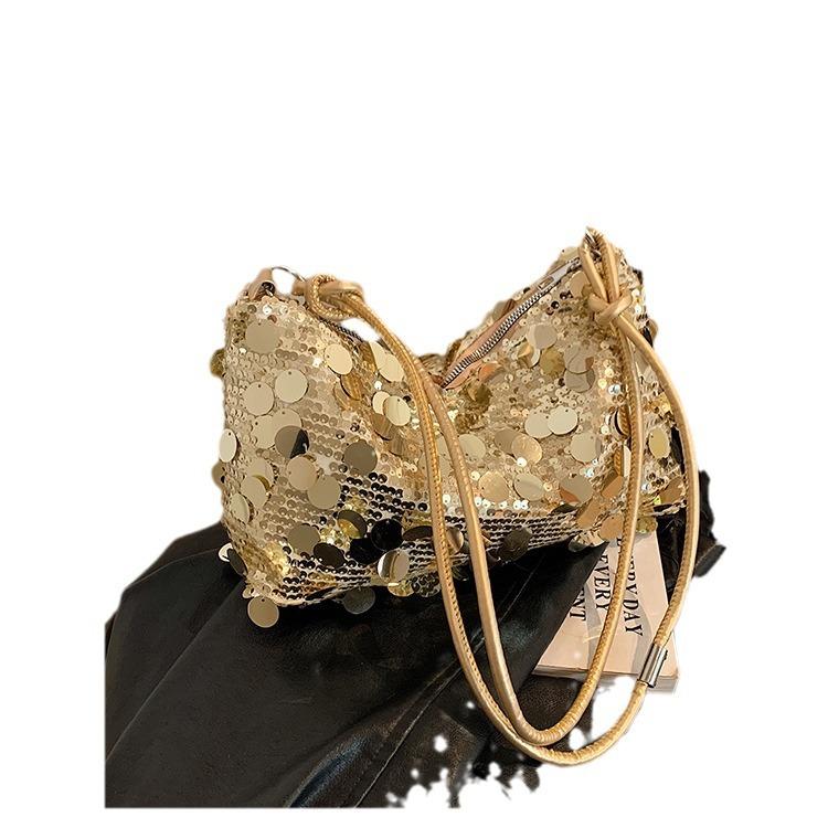1pc Golden Sequin Crescent Shaped PVC Shoulder Bag For Women
