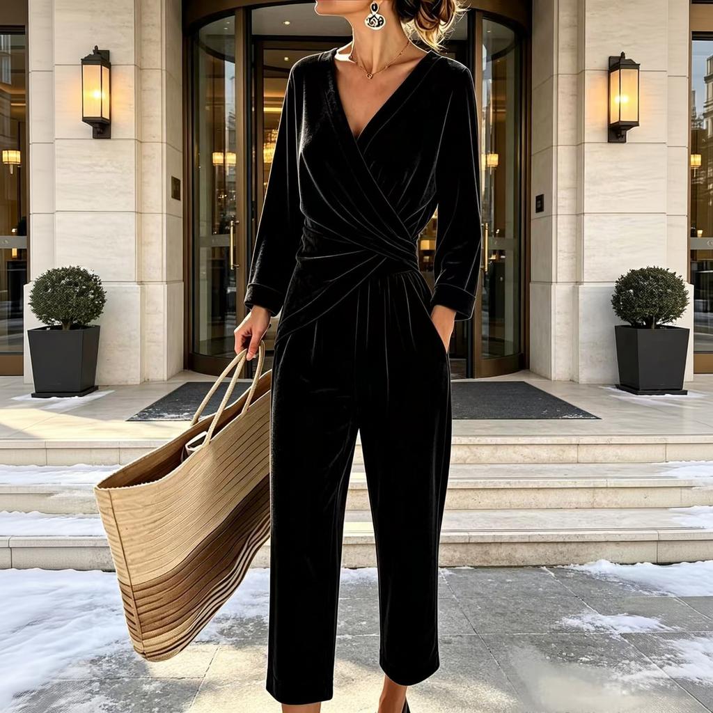 Women's Casual Color V-Neck Long Sleeve Top and Wide Leg Pants Two-Piece Outfit Set