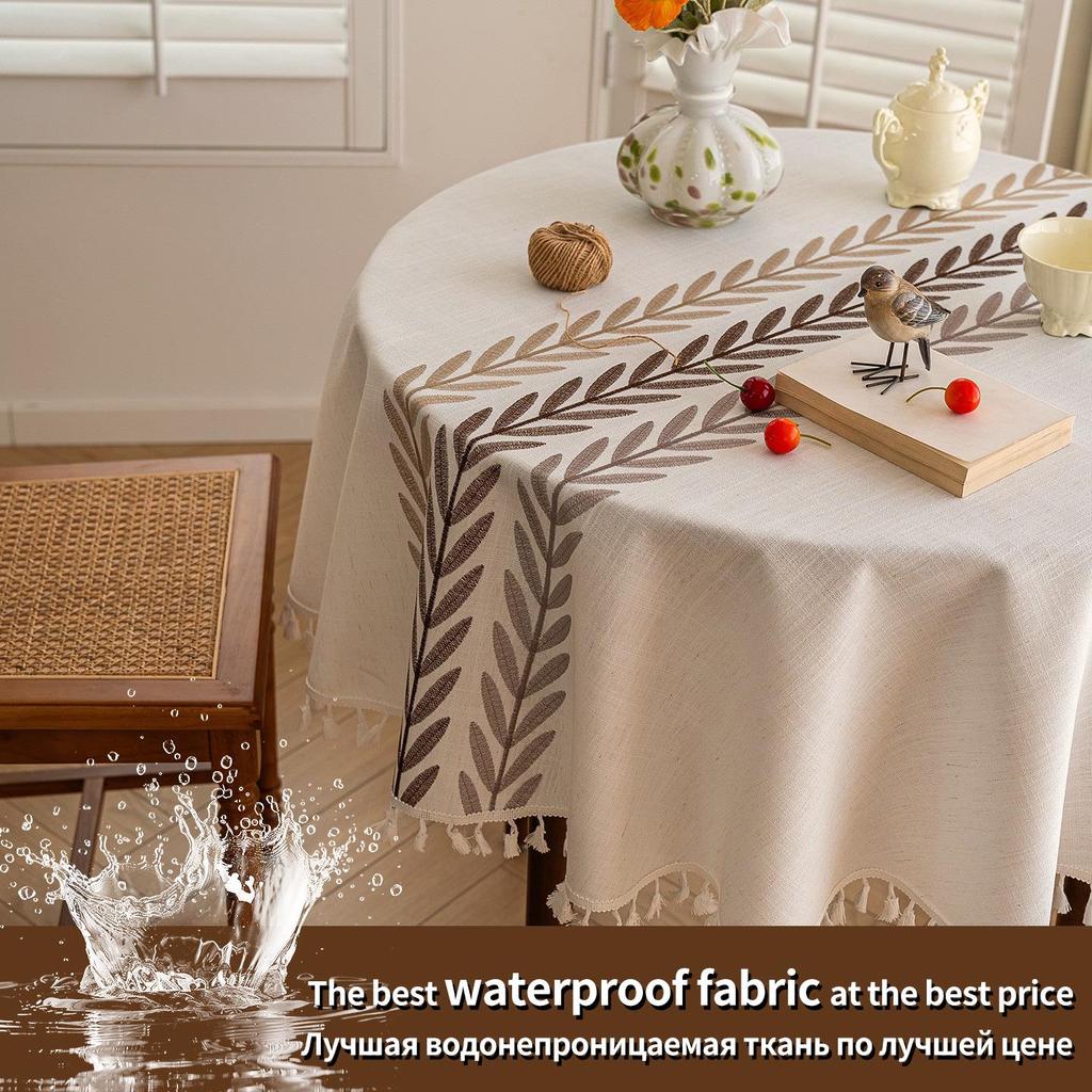 Waterproof Cotton Linen Embroidered Tablecloth for Dining or Coffee Table