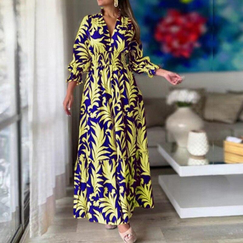 

Весеннее длинное платье с эластичной талией и сборками, модное платье в стиле бохо с V-образным вырезом, элегантное платье-фонарик с длинными рукавами и принтом, Vestidos 26351 XXL жёлтый