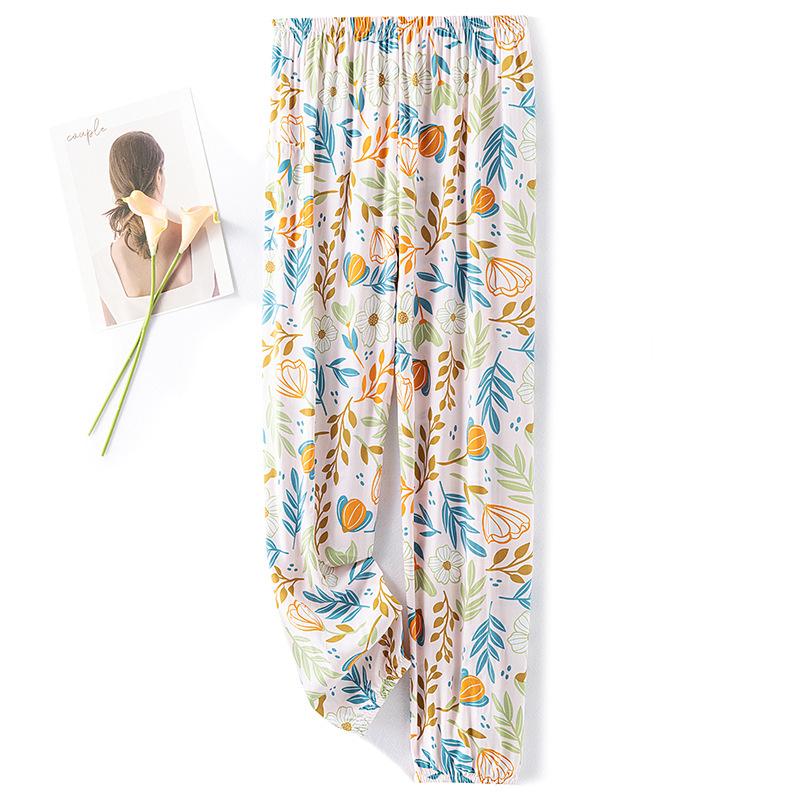 

Пижамные брюки из хлопкового шелка, женские летние тонкие антимоскитные широкие брюки, однотонные, для отдыха на открытом воздухе, для дома, с принтом, пляжные брюки Nine-minute One Size