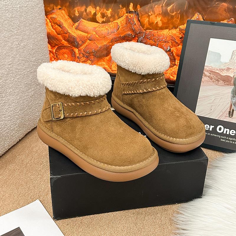 Women's Thick Bottom Winter Belt Buckle Fur One Foot Stirrup Lightweight Warm Anti Cold Padded Snow Boots Non-slip Wear Casual Sneakers Cotton Boots