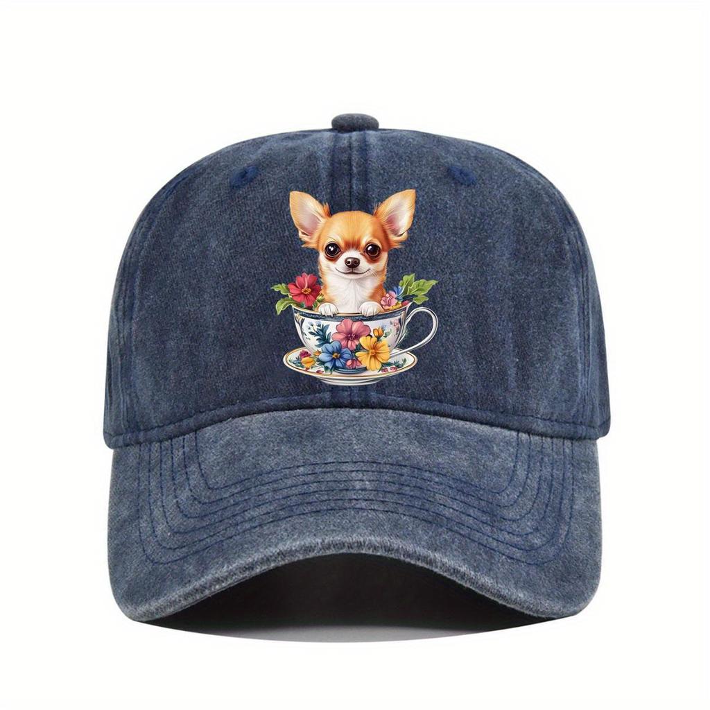 Söt Chihuahua med Blommigt Kopptryck Bomullskeps Justerbar Mjuk Solskydd Casual Hatt för Vuxna