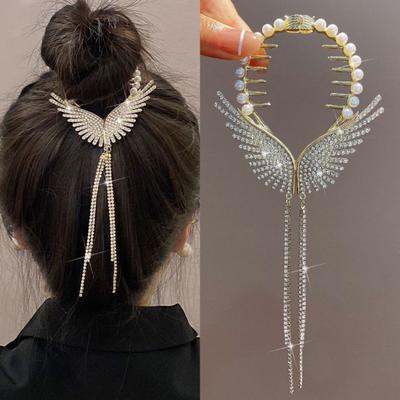 Damen Ponytail-Klaue Flügelform Glitzernde Strasssteine Kunstperlen Langer Quaste Mehrzahn Edelstahl Haarschmuck Leicht Brauthaar