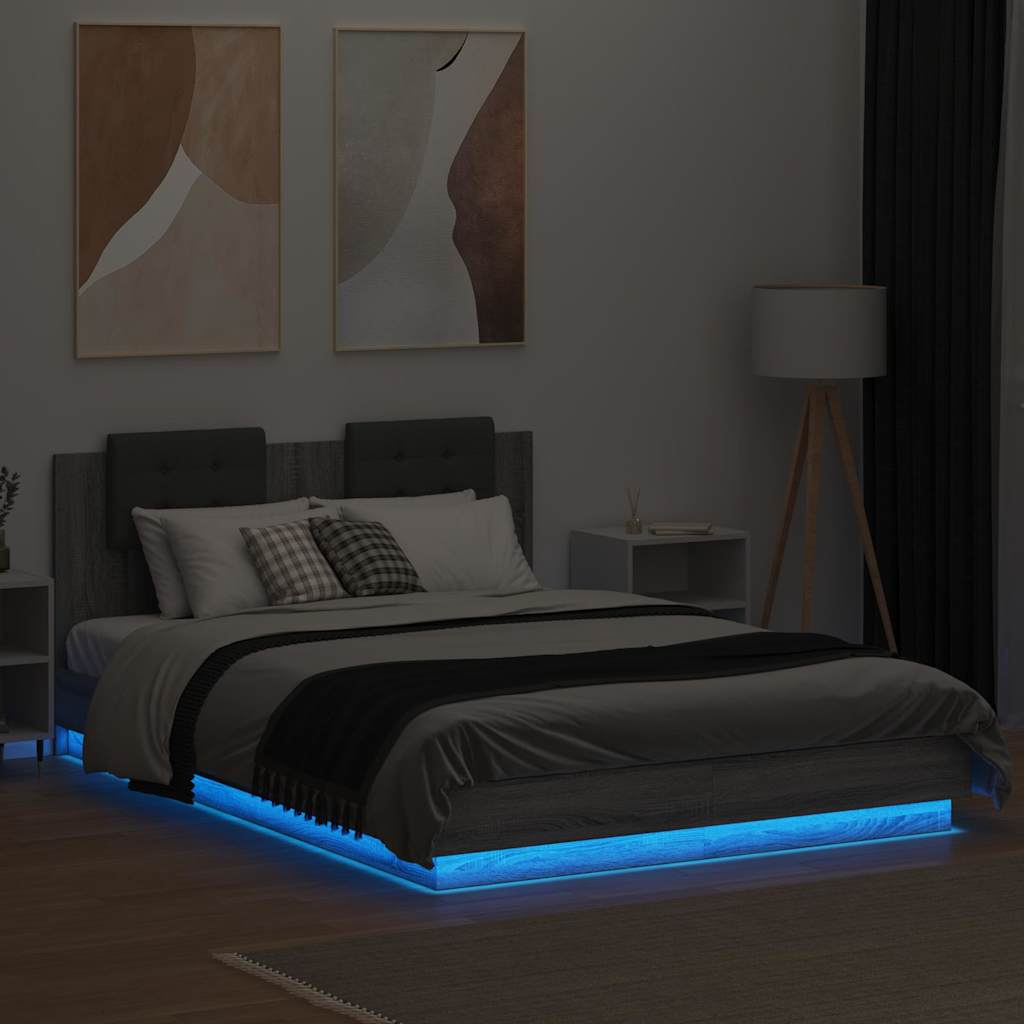 Bed Frame with Headboard and LED Lights Grey Sonoma 150x200 cm