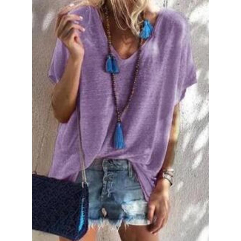 Summer Candy Color Plus Size Loose V-neck Short Sleeve T-shirt for Women Casual Light Streetwear Top