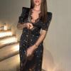 Waist-Cinching Slimming Dress: Women's European & American Style, Sexy Lace Patchwork, V-Neck Print