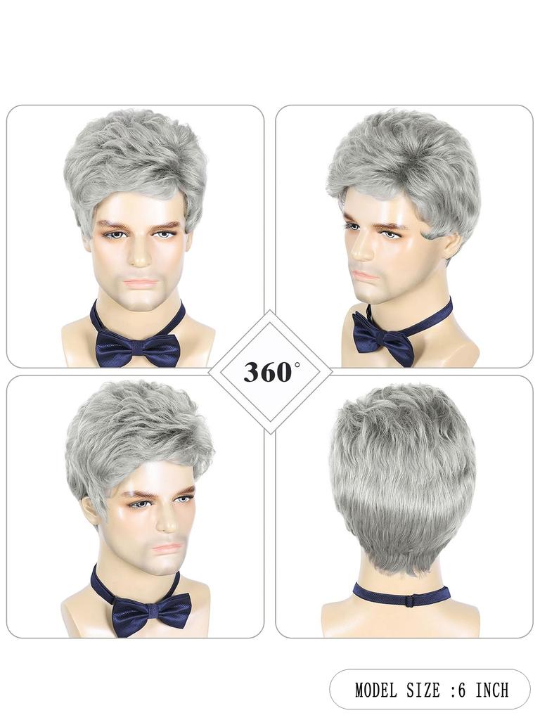 Men Wigs Short Silver Gray Wig Synthetic Heat Resistant Natural Halloween Cosplay Hair Wig