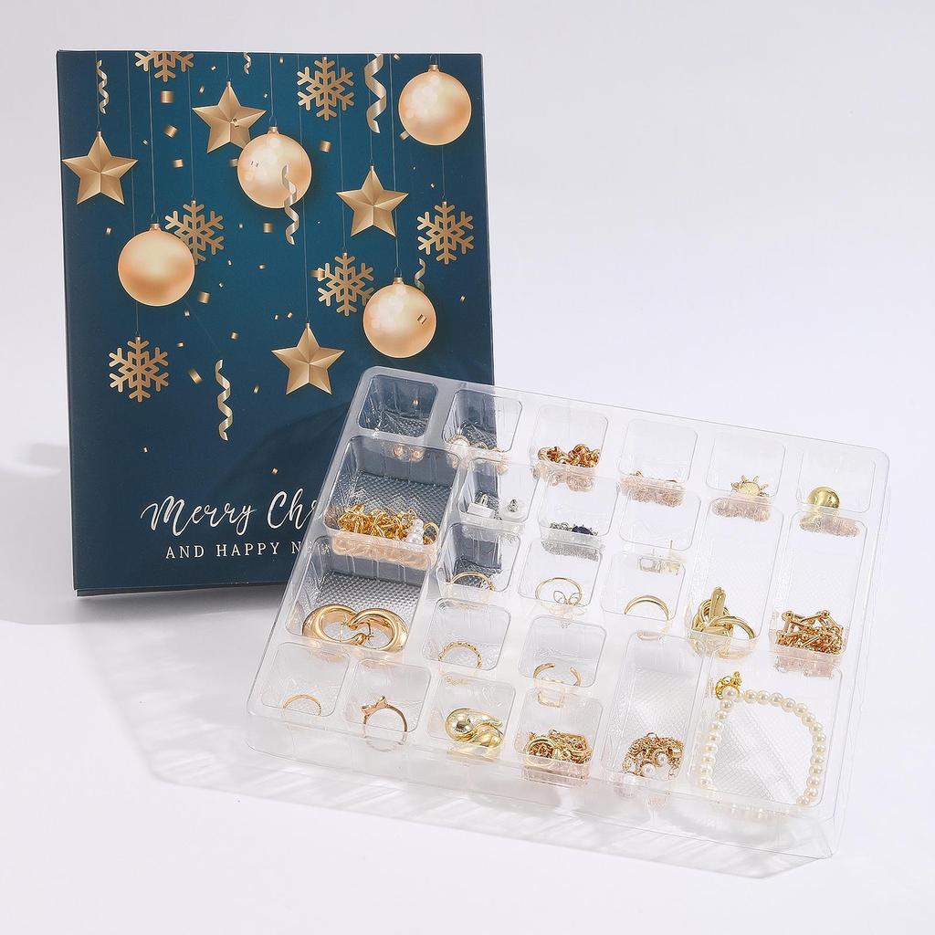 Holiday Gold Jewelry Set: Necklace, Beaded Bracelet, Ring, Earrings & Advent DIY Gift Box