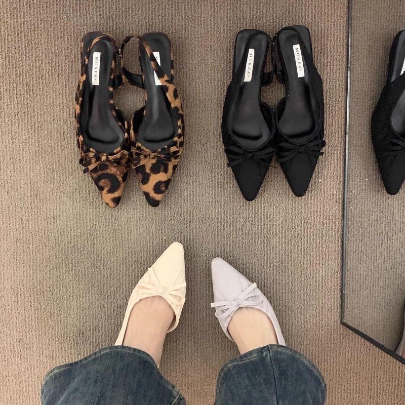 Flat-bottomed work women's fashion sandals 2025 spring new pointed one-word bow leopard print versatile Mary Jane