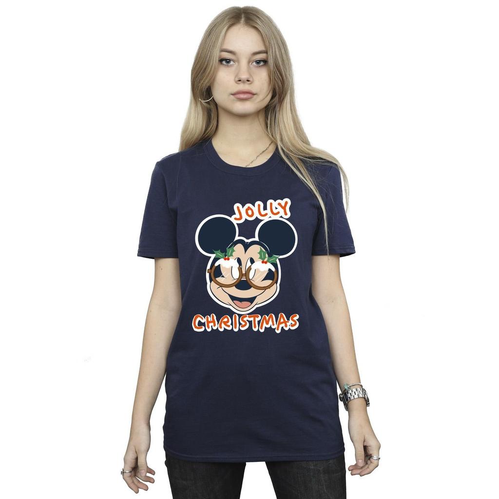 Disney Womens/Ladies Mickey Mouse Jolly Christmas Glasses Cotton Boyfriend T-Shirt