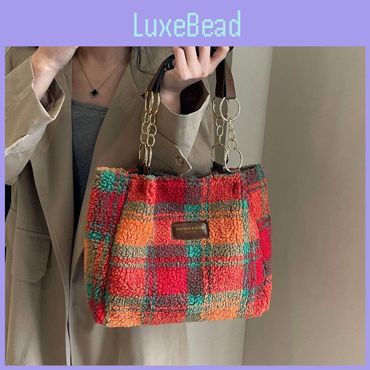 Stylish Red Purple Green Plaid Women's Canvas Shoulder Bag Perfect For Fall And Winter Outings