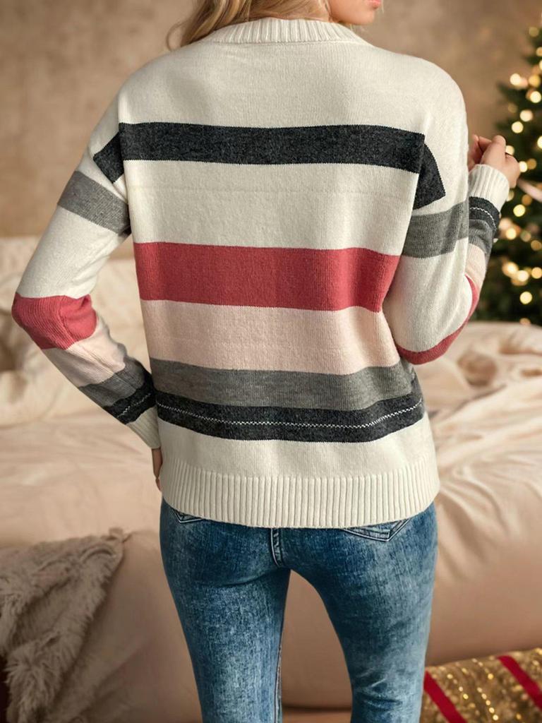 Women's Striped Patchwork Knit Sweater - Autumn Loose Fit, Lazy Style, Round Neck Fashion for Girls