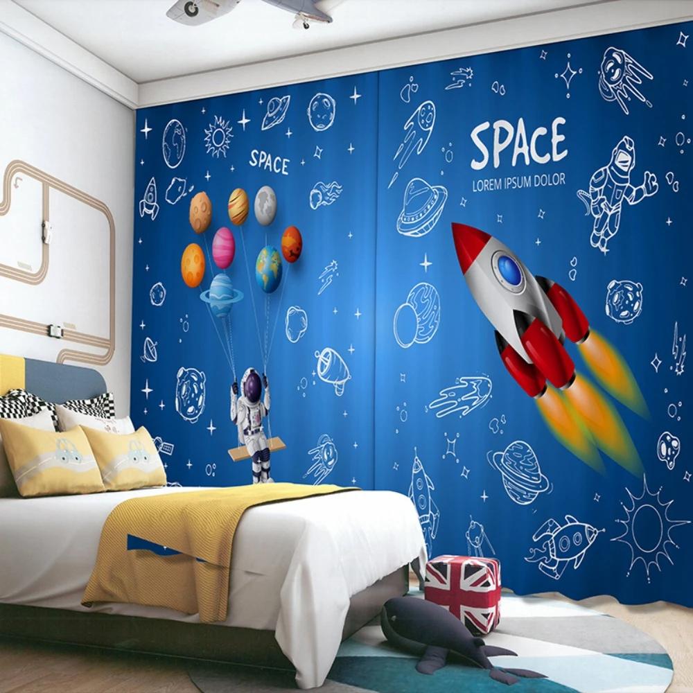 New Cartoon Earth Planet Space Astronaut Rocket Print High Shading Curtain Children's Room Living Room Window Curtain 2Pcs Home
