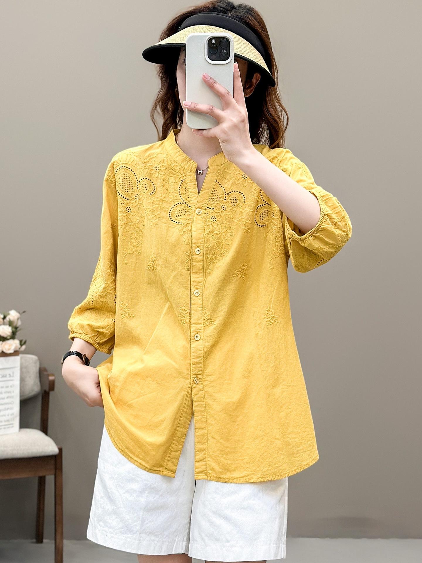 

Летняя новая ретро полая вышитая хлопковая рубашка для женщин свободная и тонкая с маленьким V-образным вырезом и рукавом три четверти топ для женщин M жёлтый