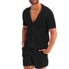 Summer Men's V-neck Short-sleeved Cardigan and Shorts Suit, Fashion Hollow and Breathable Two-piece Men's Suit