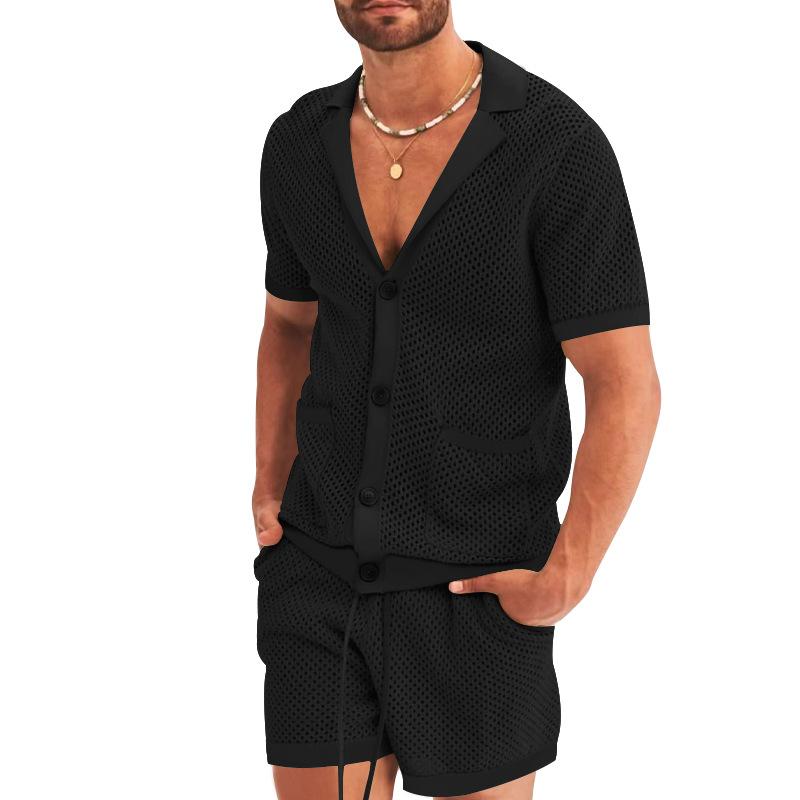 Summer Men's V-neck Short-sleeved Cardigan and Shorts Suit, Fashion Hollow and Breathable Two-piece Men's Suit