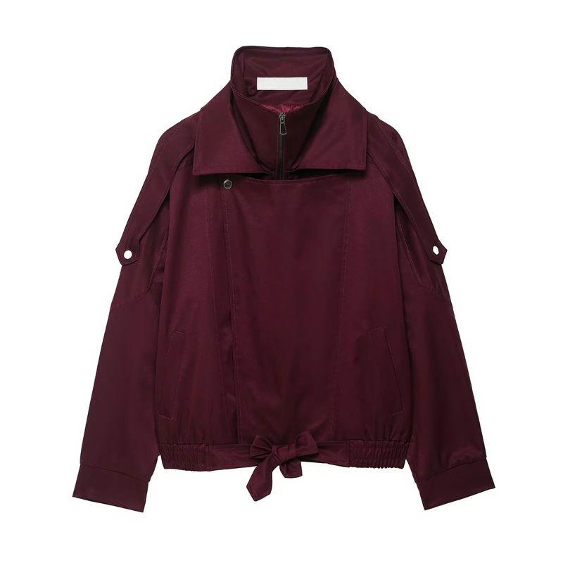 

Autumn New Women s Clothing Fashion Wind Loose and Simple Zipper Long Sleeves Double Collar Design Jacket Coat Top Burgundy L